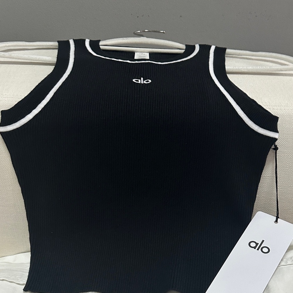 ALO Yoga Black Ribbed Tank with White Trim
